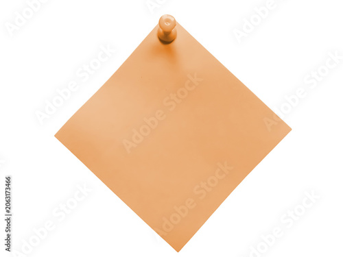 Orange sticky note paper pinned with a wooden thumbtack isolated on transparent background