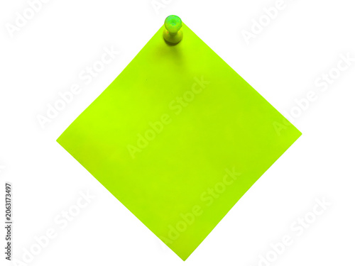 Bright neon yellow sticky note pinned on a wall isolated on transparent background