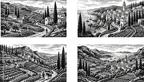 Vintage Linocut Mediterranean Landscape Vector Set Featuring Old Italian Coast Towns Vineyards Cypress Trees Terraced Fields and Woodcut Style Scenery Panels