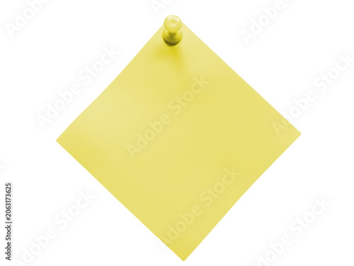 Yellow sticky note paper attached with a push pin isolated on transparent background