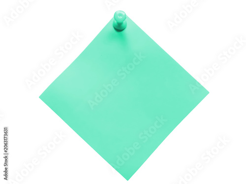 Green square sticky note with a push pin isolated on transparent background