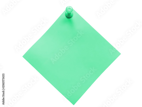 Green sticky note attached with a push pin isolated on transparent background
