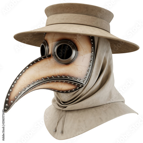 A detailed plague doctor mask with a long beak, round dark glass eye lenses, and a wide brimmed hat, isolated on a black background