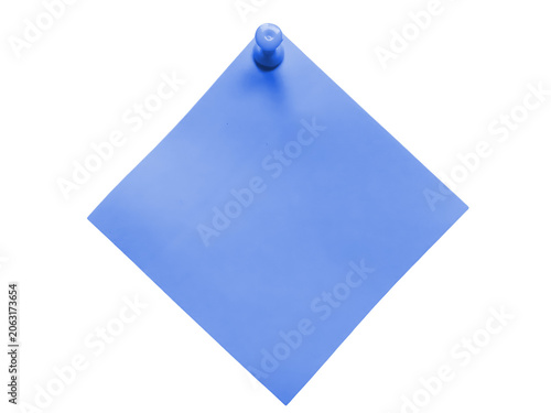 Blue sticky note attached with a matching push pin isolated on transparent background
