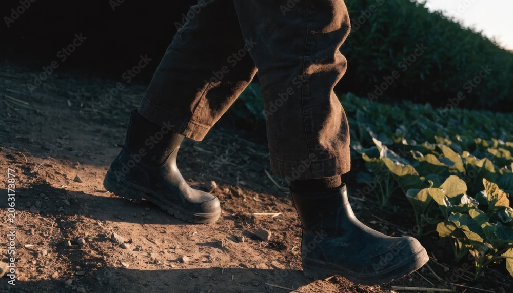 Fototapeta premium Close-up of a person wearing boots and pants walking on a dirt path near green plants in natural outdoor light.