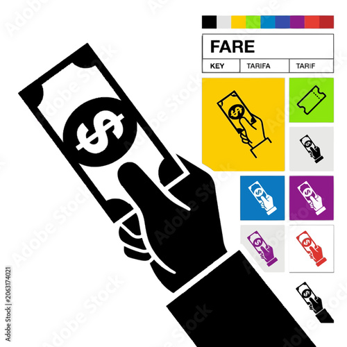 Hand holding dollar bill with fare card icons isolated on transparent background, Vector