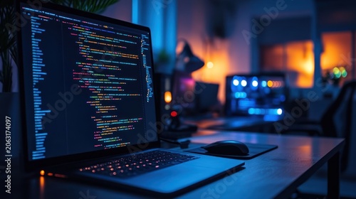 Laptop computer showing lines of code in a dark modern home office workspace.