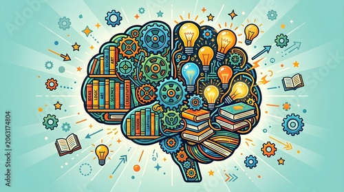 Colorful Brain Made of Gears Books and Lightbulbs, Knowledge Creativity and Learning Concept Illustration