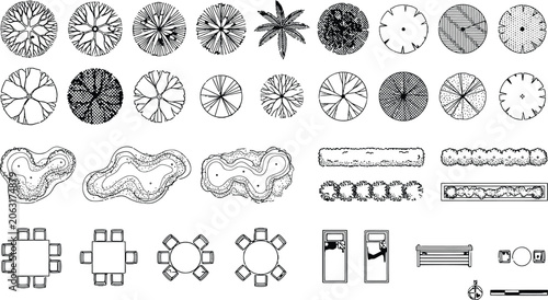 Landscape architecture plan symbols set including trees, shrubs, hedges, and outdoor furniture for site design projects