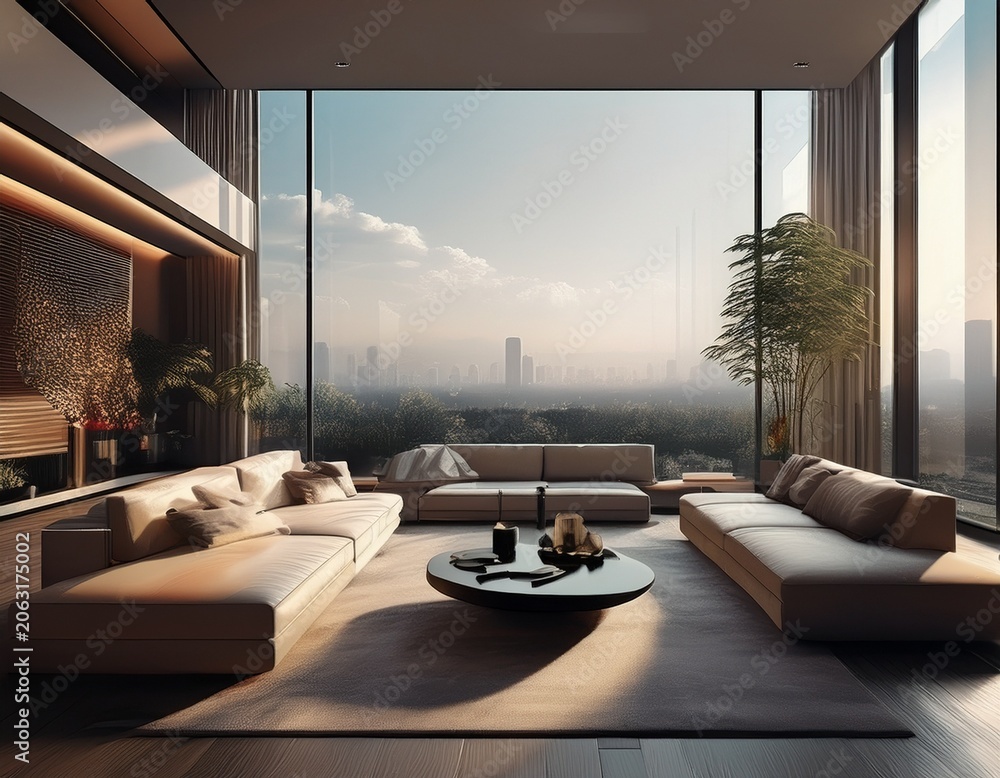 Fototapeta premium zoom background a modern penthouse living room with large windows creates with generative ai