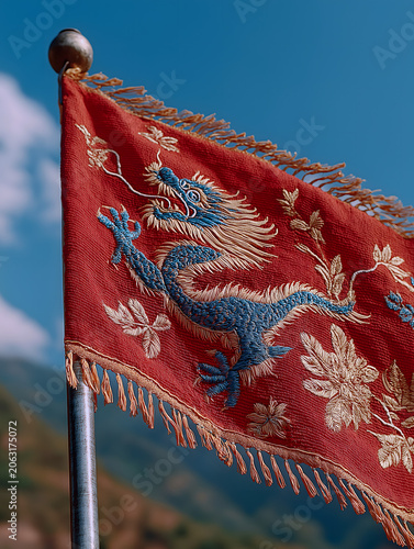 Dragon Boat Festival Triangular Dragon Flag Chinese Style Commercial Poster, Red Base Yellow Border Embroidered Dragon Gold Tassel Wind Fold Mountain Sky, Visual Material For Race Outdoor Advertisemen