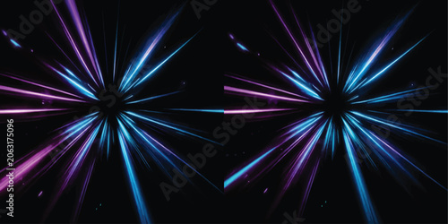 Bilde på lerret Split screen abstract background with mirrored neon blue and magenta light strea