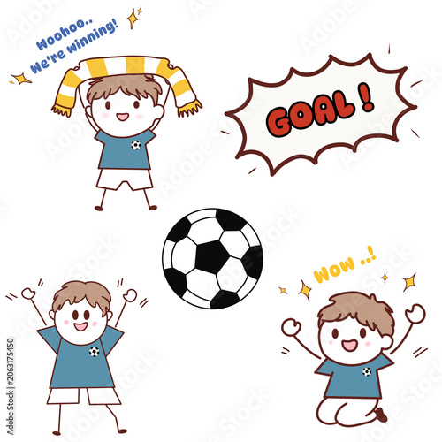 Soccer Fan Celebration Sticker Set with Happy Boy Characters and Football Elements
