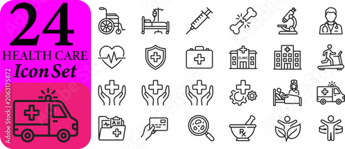 Health care icon set medical and hospital line icons collection of 24 outline symbols for medicine, health, and wellness
