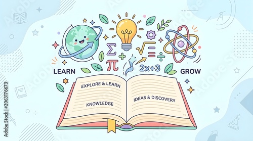 Open Book with Floating Education Icons Vector Illustration, Modern Learning and Knowledge Concept