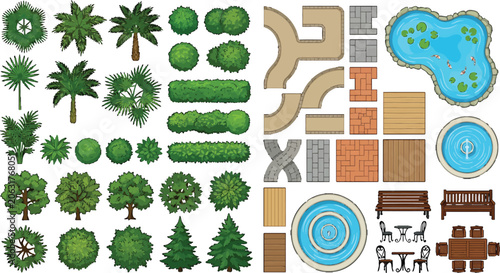 Top view park landscape design elements set with trees bushes paths fountains and outdoor furniture vector illustration