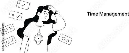Foto Stressed woman struggling with time management and incomplete task checklists