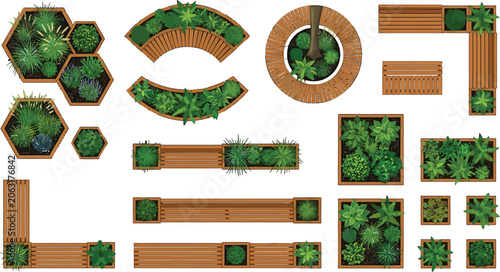 Top view set of wooden garden benches and planters with green plants for landscape design vector illustration