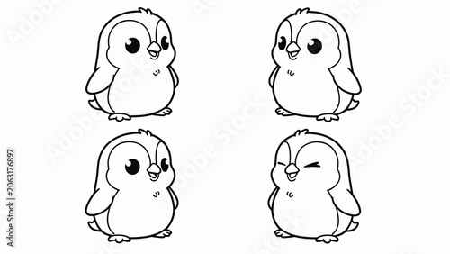Photos Cute cartoon penguins outline set, kawaii baby penguins illustration