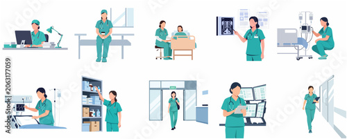 Foto Set of flat vector illustrations of a professional female nurse in various hospi