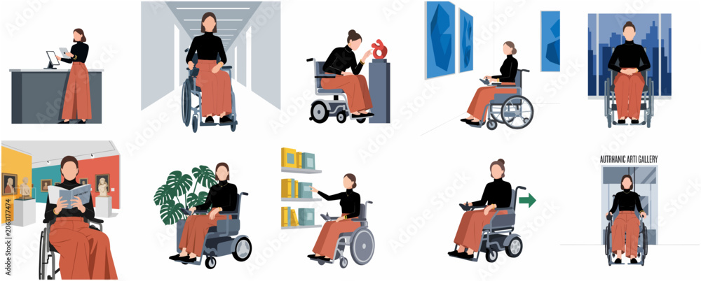 Fototapeta premium Inclusive lifestyle vector illustration set of a woman in a wheelchair visiting an art gallery, library, and working in an office, showcasing accessibility and disabled person empowerment.