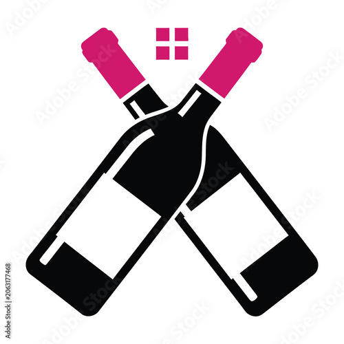 Crossed Wine Bottles Logo Icon with Pink Caps and House Symbol for Winery and Restaurant Branding