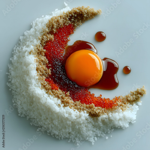 Dragon Boat Festival Salted Yolk Crescent Minimal Abstract Poster, Oily Orange Yolk Glutinous Rice On White, Color Block Still Life, Commercial Material For Snack Catering Gift Creation