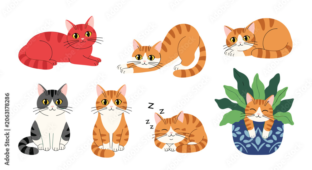 Obraz premium Variety of adorable cartoon cats in different poses including sleeping and sitting for pet lovers and feline fans.
