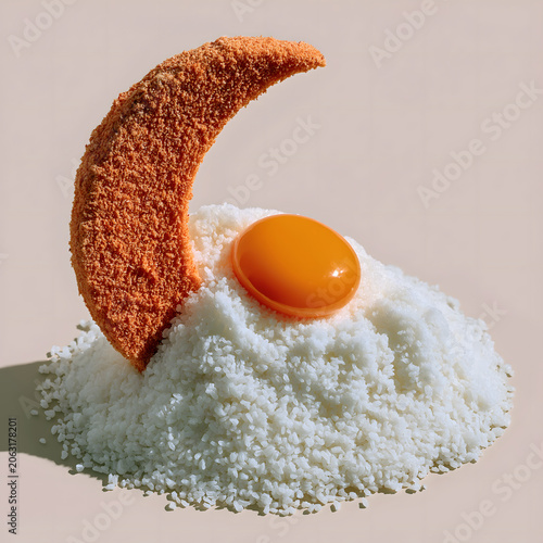 Dragon Boat Festival Salted Yolk Crescent Minimal Abstract Poster, Oily Orange Yolk Glutinous Rice On White, Color Block Still Life, Commercial Material For Snack Catering Gift Creation