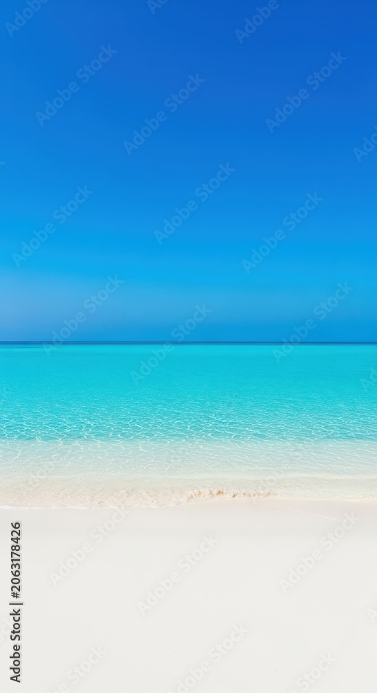 Obraz premium Pristine white sand meeting crystal-clear turquoise ocean waters under a brilliant blue sky, defining the perfect tranquil tropical getaway setting, destination, blue, outdoor