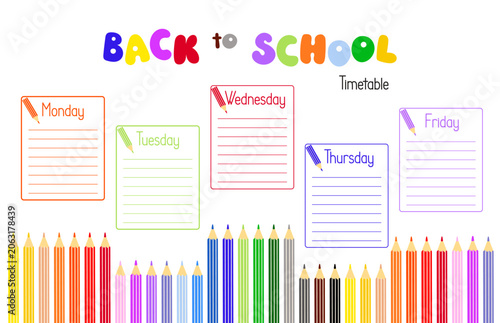Back to School timetable decorated with colored pencils, school elements blank printable template to fill in with subjects for kids vector illustration, weekly planner for lessons
