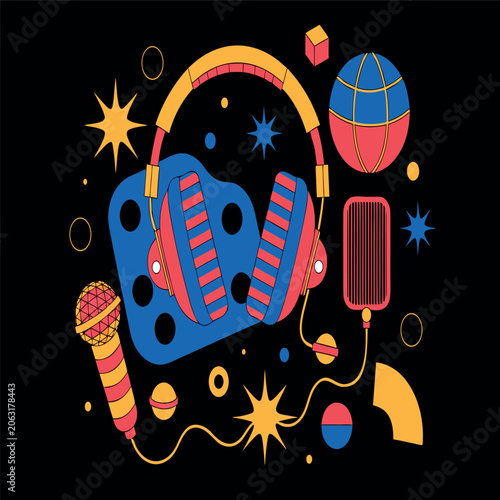 Colorful geometric headphones with music player, audio cable, and disco ball in flat vector style, bold outlines, vibrant colors