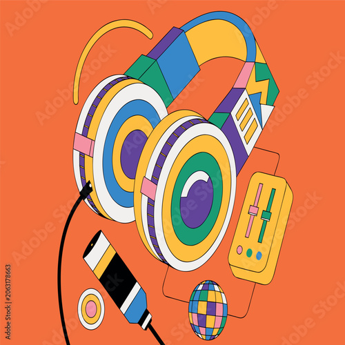 Colorful geometric headphones with music player, audio cable, and disco ball in flat vector style, bold outlines, vibrant colors