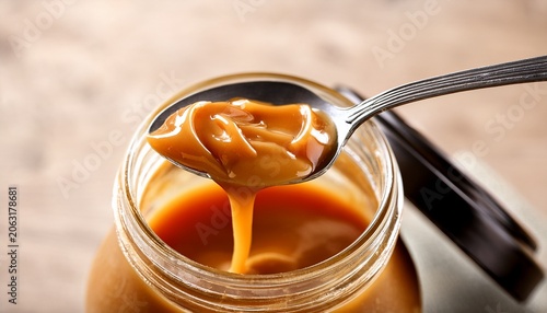 a spoon in a jar of homemade caramel sauce