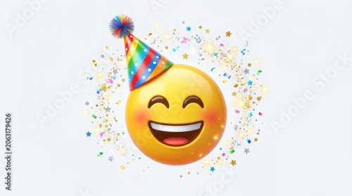 Cheerful party emoji with rainbow hat and colorful confetti, happy smiling emoticon for birthday celebration, festive yellow face character isolated on White Background