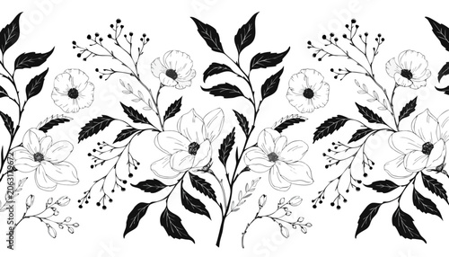 Black and white floral seamless border with hand drawn flowers and leaves.