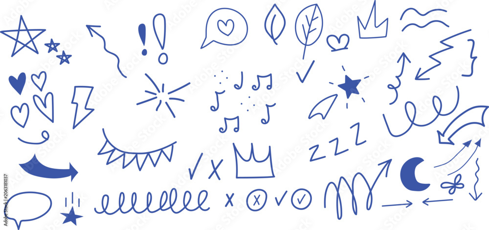 Obraz premium Hand drawn doodle icons set in blue on white background. hand drawn design element set.