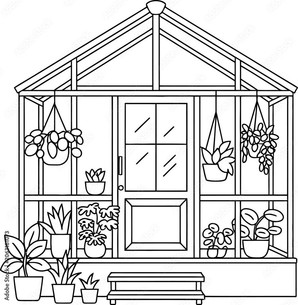 Fototapeta premium A charming greenhouse structure filled with various potted plants and hanging baskets showcasing a delightful