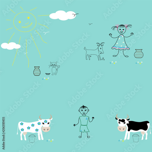 Two cows a goat a cat a girl and a boy walking under a sunny sky. The concept of rural industry