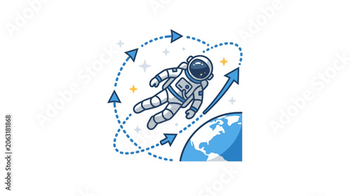 Fotografie Astronaut Floating in Space Orbiting Earth with Arrows and Stars