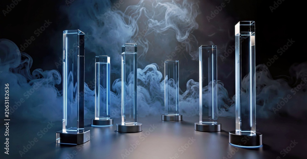 Fototapeta premium Blue glass pillars rising through smoke for futuristic technology presentation.