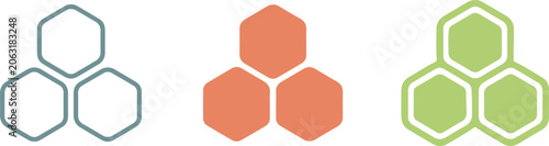 Hexagon geometric shape icon set, abstract honeycomb structure patterns, flat vector illustration, isolated on white background, minimal line art style.