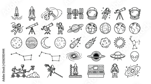 Fotografie Cosmic exploration vector icon set, space travel and astronomy line art collecti