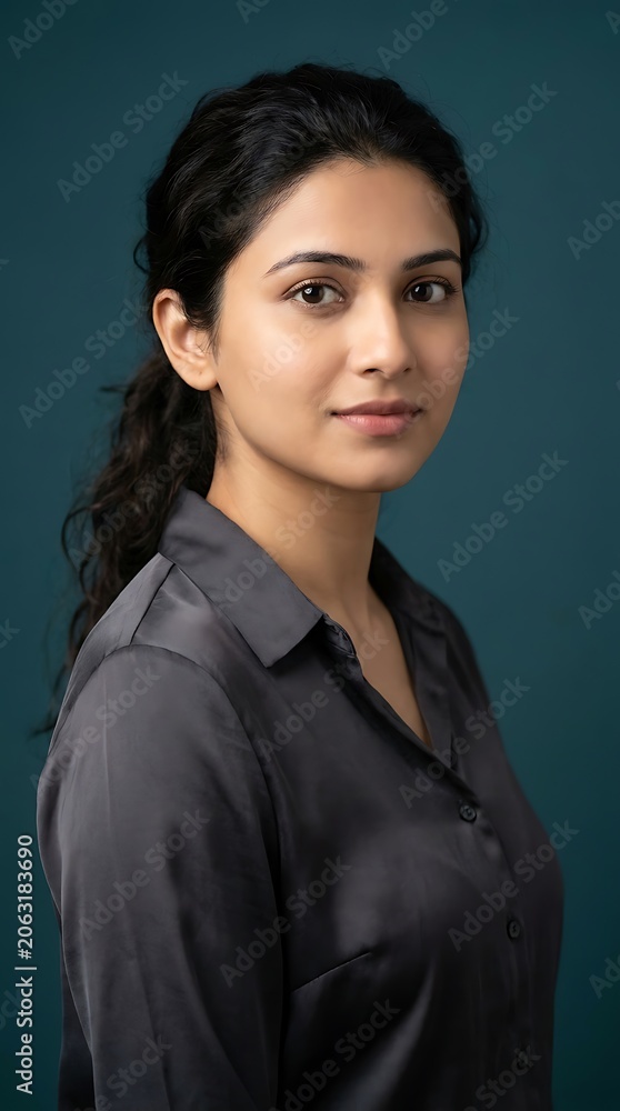 Fototapeta premium Young professional woman with a thoughtful expression looking directly at the camera in a studio portrait.