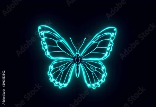 Glowing Blue Butterfly Animation on Black Background with Neon Light Effects