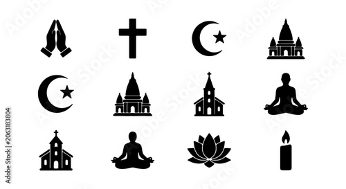 Religious symbols vector icon set, diverse spiritual beliefs and worship signs, global religion iconography, faith and meditation concepts for cultural and educational design.
