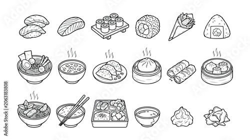 Принти на полотні Asian food vector icon set, traditional Japanese and Chinese cuisine, sushi, ramen, dim sum, and bento box illustrations, perfect for restaurant menus and culinary designs