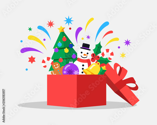 Christmas Gift Box Surprise with Festive Decorations, Snowman and Christmas Tree Flat Vector Illustration