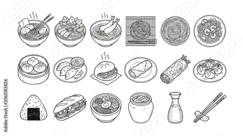 Fotografie Asian food line art vector icon set, traditional Japanese and Chinese cuisine, delicious noodle bowls, dumplings, sushi, and snacks, perfect for restaurant menus and food delivery apps