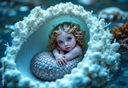 Underwater Mermaid Child in Coral Reef Fantasy Ocean Scene with Bubbles